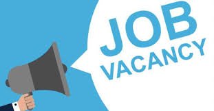 A blue background graphic featuring a hand holding a megaphone with the words “JOB VACANCY” displayed in bold capital letters.