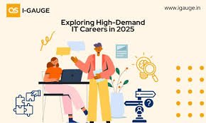 “Illustration of two professionals discussing high-demand IT careers for 2025, with icons representing technology, research, and problem-solving.” Demand Jobs